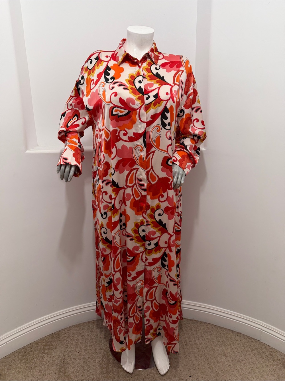 Fashion Nova Paisley Satin Shirt Dress XL Orange Combo NWT Maxi Button-Up